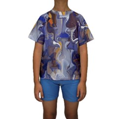 Cobalt Blue Silver Orange Wavy Lines Abstract Kids  Short Sleeve Swimwear by CrypticFragmentsDesign