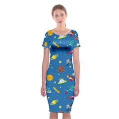 Space Rocket Solar System Pattern Classic Short Sleeve Midi Dress by Vaneshart