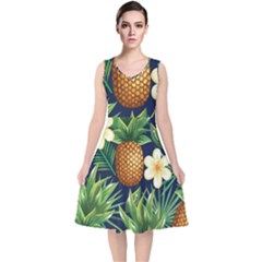 Tropical Pattern Pineapple Flowers Floral Fon Tropik Ananas V-neck Midi Sleeveless Dress  by Vaneshart