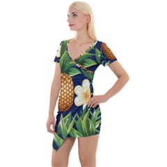 Tropical Pattern Pineapple Flowers Floral Fon Tropik Ananas Short Sleeve Asymmetric Mini Dress by Vaneshart