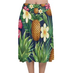 Tropical Pattern Pineapple Flowers Floral Fon Tropik Ananas Velvet Flared Midi Skirt by Vaneshart