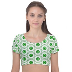 White Background Green Shapes Velvet Short Sleeve Crop Top  by Simbadda