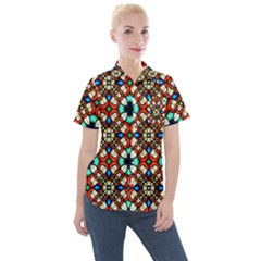 Stained Glass Pattern Texture Face Women s Short Sleeve Pocket Shirt