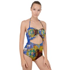 Sunflower Kaleidoscope Pattern Scallop Top Cut Out Swimsuit by Simbadda