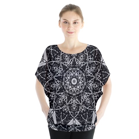 Black And White Pattern Monochrome Lighting Circle Neon Psychedelic Illustration Design Symmetry Batwing Chiffon Blouse by Vaneshart