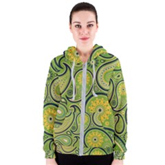 Texture Leaf Pattern Line Green Color Colorful Yellow Circle Ornament Font Art Illustration Design  Women s Zipper Hoodie by Vaneshart