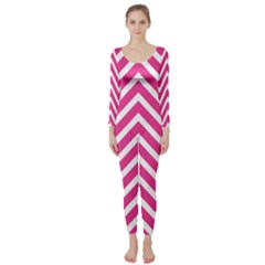 Chevrons Zigzag Pattern Design Pink White Long Sleeve Catsuit by Wegoenart