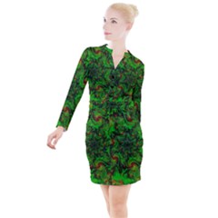 Art Artwork Fractal Digital Art  Green Button Long Sleeve Dress by Wegoenart