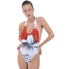 Mount Fuji Mountain Ink Wash Painting Backless Halter One Piece Swimsuit