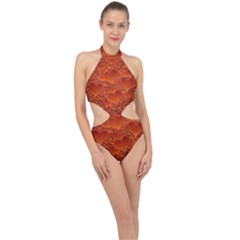 Heart Orange Texture Many Halter Side Cut Swimsuit by Vaneshart