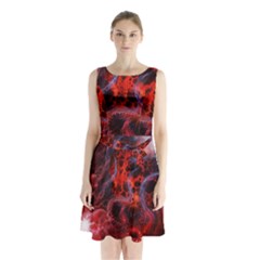 Art Space Abstract Red Line Sleeveless Waist Tie Chiffon Dress by Vaneshart