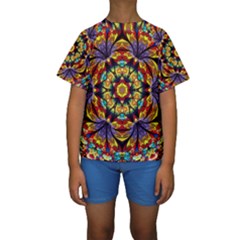 Geometric Pattern Kaleidoscope Art Mirror Image Mosaic Kids  Short Sleeve Swimwear