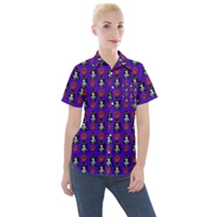 Girl Flower Pattern Royal Blue Women s Short Sleeve Pocket Shirt