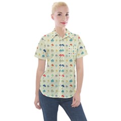 Clouds And Umbrellas Seasons Pattern Women s Short Sleeve Pocket Shirt