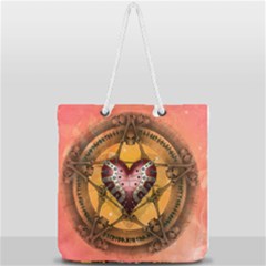 Awesome Heart On A Pentagram With Skulls Full Print Rope Handle Tote (large) by FantasyWorld7