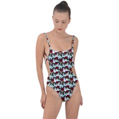 Vintage Hippie Girl Pattern Blue Tie Strap One Piece Swimsuit