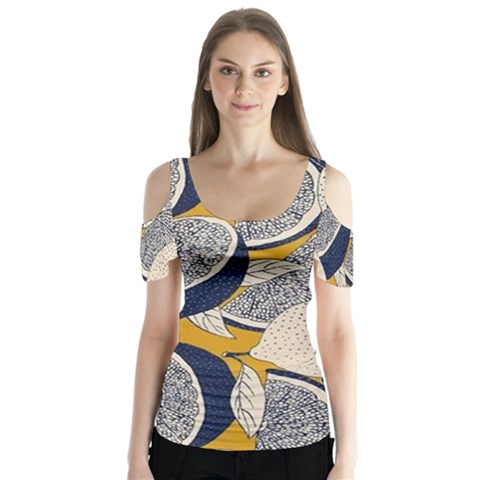 Blue And Ochre Butterfly Sleeve Cutout Tee  by Vaneshart