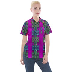 Flowers In A Rainbow Liana Forest Festive Women s Short Sleeve Pocket Shirt