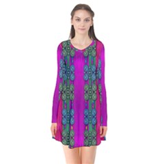 Flowers In A Rainbow Liana Forest Festive Long Sleeve V-neck Flare Dress by pepitasart