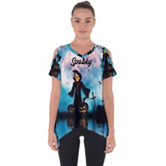 Funny Halloween Design With Skeleton, Pumpkin And Owl Cut Out Side Drop Tee by FantasyWorld7