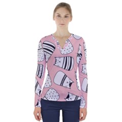 Cute Cats Cartoon Seamless Pattern V-neck Long Sleeve Top by Vaneshart