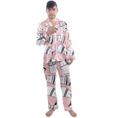 Cute Cats Cartoon Seamless Pattern Men s Satin Pajamas Long Pants Set