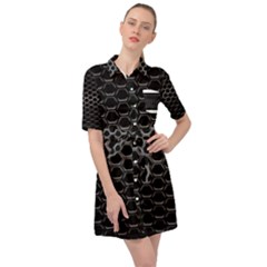 Black Metallic Hexagon Mesh Pattern Background Belted Shirt Dress