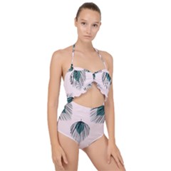 Green Tropical Leaves Seamless Pattern Scallop Top Cut Out Swimsuit by Vaneshart