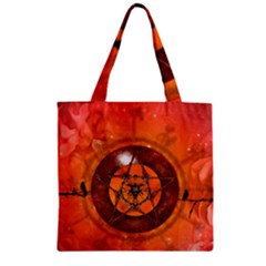 Awesome Skull On A Pentagram With Crows Zipper Grocery Tote Bag by FantasyWorld7