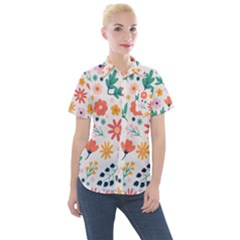 Flat Colorful Flowers Leaves Background Women s Short Sleeve Pocket Shirt