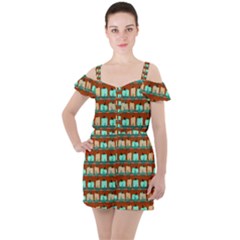 Bluegreen Pumpkins Ruffle Cut Out Chiffon Playsuit by bloomingvinedesign
