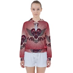 Awesome Heart With Skulls And Wings Women s Tie Up Sweat by FantasyWorld7