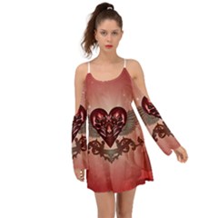 Awesome Heart With Skulls And Wings Kimono Sleeves Boho Dress