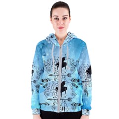 Piano With Feathers, Clef And Key Notes Women s Zipper Hoodie by FantasyWorld7