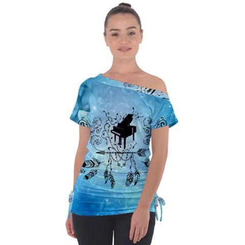 Piano With Feathers, Clef And Key Notes Tie-up Tee by FantasyWorld7