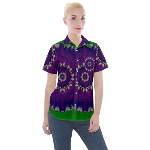 Mandala In Leaves,on Beautiful Leaves In Bohemian Style Women s Short Sleeve Pocket Shirt by pepitasart