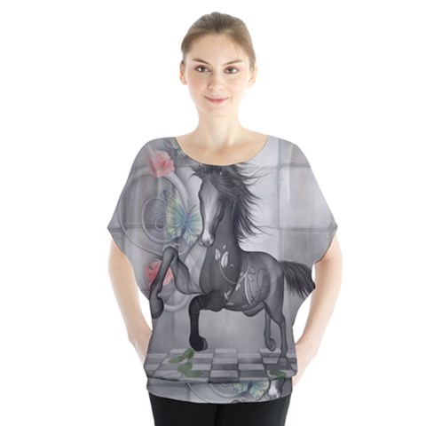 Wonderful Black And White Horse Batwing Chiffon Blouse by FantasyWorld7