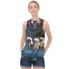 Christmas, Cute Dogs With Christmas Hat High Neck Satin Top by FantasyWorld7