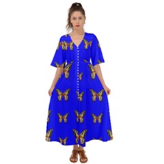 Butterfly Pattern Blue Insects Kimono Sleeve Boho Dress