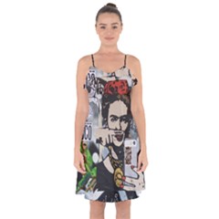 Frida Kahlo Brick Wall Graffiti Urban Art With Grunge Eye And Frog  Ruffle Detail Chiffon Dress by snek