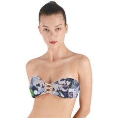 Frida Kahlo Brick Wall Graffiti Urban Art With Grunge Eye And Frog  Twist Bandeau Bikini Top by snek