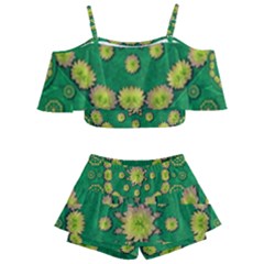 Fauna Bloom Mandalas On Bohemian Green Leaves Kids  Off Shoulder Skirt Bikini