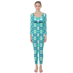 Teal White  Abstract Pattern Long Sleeve Catsuit by BrightVibesDesign