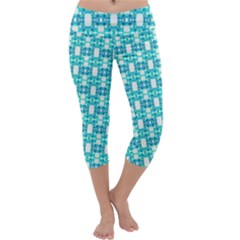 Teal White  Abstract Pattern Capri Yoga Leggings