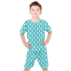 Teal White  Abstract Pattern Kids  Tee And Shorts Set