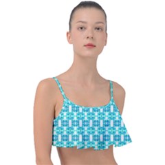 Teal White  Abstract Pattern Frill Bikini Top