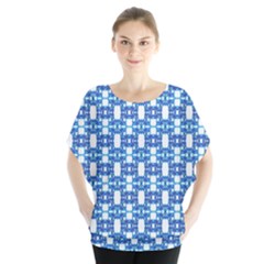 Blue White  Abstract Pattern Batwing Chiffon Blouse