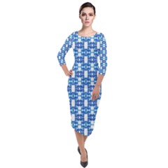 Blue White  Abstract Pattern Quarter Sleeve Midi Velour Bodycon Dress by BrightVibesDesign