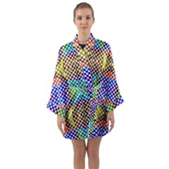 Colorful Circle Abstract White Brown Blue Yellow Long Sleeve Satin Kimono by BrightVibesDesign