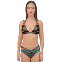 Black Stripes Orange Brown Teal Double Strap Halter Bikini Set by BrightVibesDesign